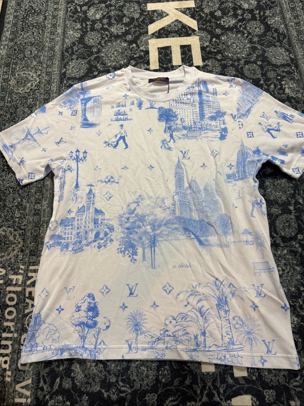 Louis Vuitton White T-Shirt with Light Blue Cityscape Print